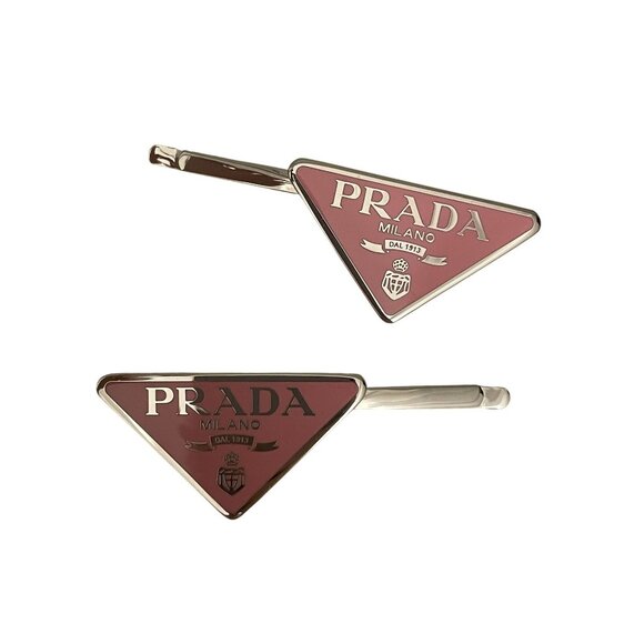 Prada Milano Pink Triangle Logo Hair Clips With Silver-Tone Accents In Original - Picture 1 of 4